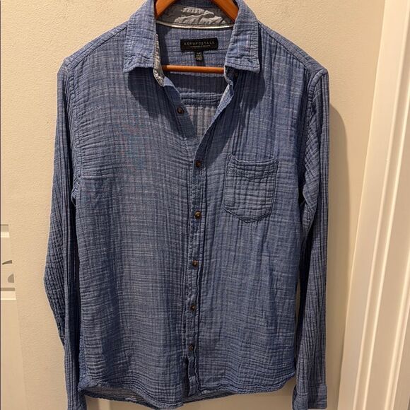 Aeropostale Blue Casual Button Down Shirt Lightweight Cotton Gauze size Small - Picture 1 of 9